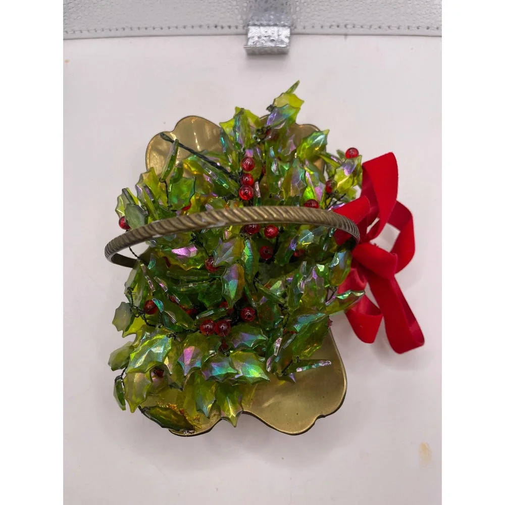 Brass Holly Berry Basket Christmas‎ Holiday Decor Red Velvet Bow Handmade India